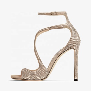 Sandales à bout carré ouvert pour femme, à brides croisées ornées de diamants, talon aiguille scintillant, design de marque, chaussures d'été - Product Image 2