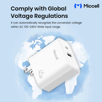 Chargeur mural GaN haute efficacité Miccell 45W avec PD 45W + QC 3.0 et double port pour les utilisateurs d'ordinateurs portables et de téléphones