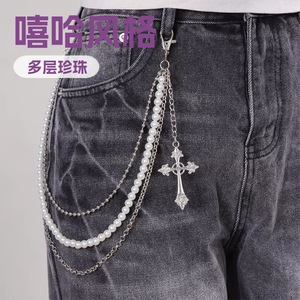 yueli Hip Hop Style Multi Layer Pearl <b>Cross</b> Waist <b>Chain</b> For <b>Men</b> Daily Wear Fashion Body <b>Chain</b> - Product Image 1