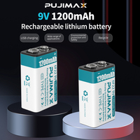 بطارية ليثيوم أيون PUJIMAX قابلة لإعادة الشحن 9 فولت 1200 مللي أمبير في الساعة 6F22 مع شاحن USB-C للميكروفونات