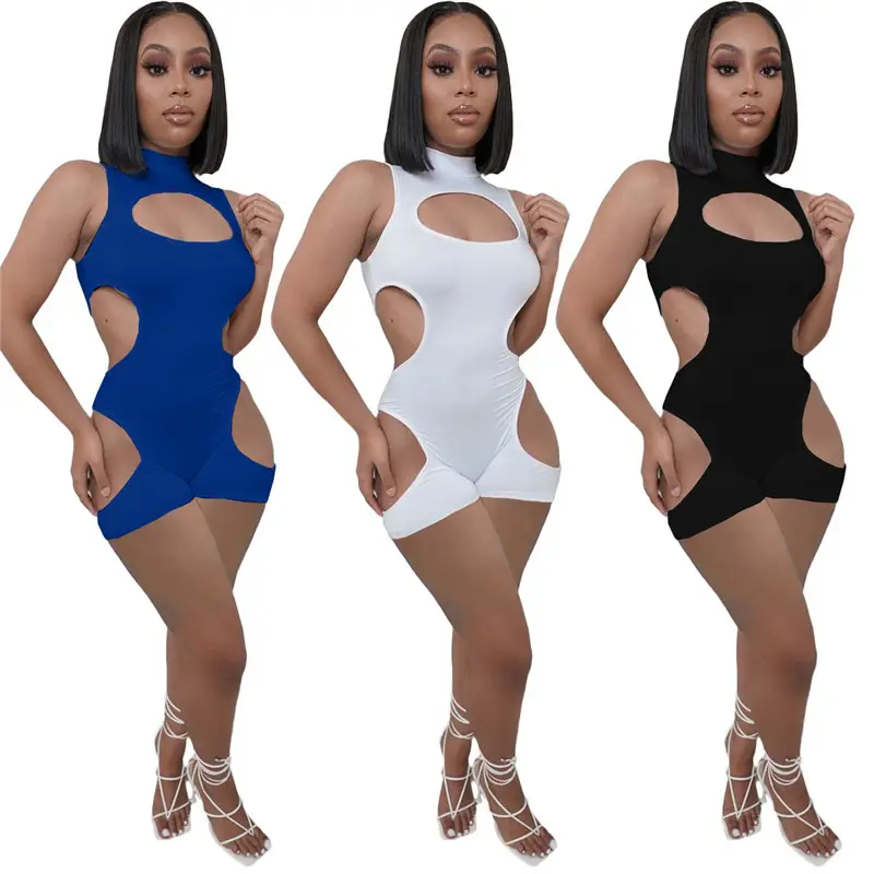 Ladies Club Wear Sexy Tight One Piece Ripped Shorts Sleeveless Woman Bodysuit Hollow Out Romper For Women Jumpsuit
