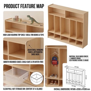 Casilleros de Madera para Guardería y Jardín de Infancia, Muebles Montessori para Niños, Almacenamiento de <span class=keywords><strong>Ropa</strong></span>, Mochilas Escolares, Cubículos para Habitación Infantil, Guardería y Preescolar - Product Image 3