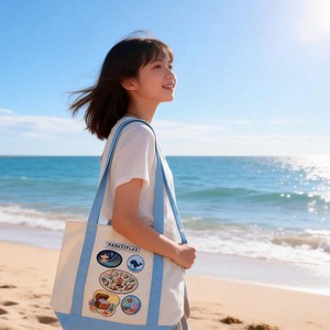 Sailing Canvas Tote Bag Large Customizable Shopping Bag Beige Blue Ocean Design - Product Image 3