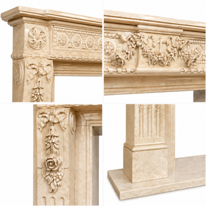 Chimenea tradicional de mármol con tallado ornamentado, de mármol beige Galala, para interiores, con estufa de leña para comedor. - Product Image 3