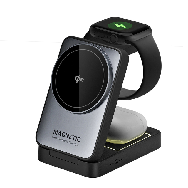 2024 Latest Design Qi2 Folding Magnetic Wireless Charging Phone Station 3 in 1 Smart Watch & Mobile Phone Stand for Iphone