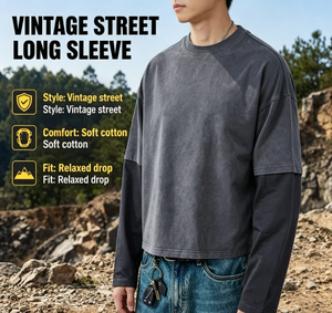 T-shirt vintage à manches longues effet délavé, coupe oversize, en coton épais, style streetwear, effet <span class=keywords><strong>deux</strong></span> pièces, pour <span class=keywords><strong>homme</strong></span>, avec motif graphique - Product Image 1