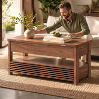 Table basse relevable à deux niveaux en noyer avec rangement dissimulé, étagère à persiennes et pieds carrés épais pour salon OEM ODM