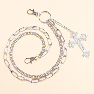 Chaîne de pantalon Yueli avec pendentif croix, chaîne de taille hip-hop double couche en argent tibétain, pour usage quotidien - Product Image 3