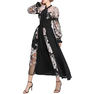 High Quality Balloon Long Sleeve Bow Vintage Hollow Casual Black Chiffon Dress Women Elegant Embroidery Feather Maxi Dress