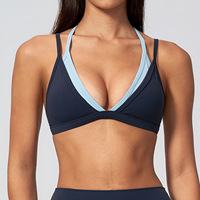 Soutien-gorge de sport pour femme, effet deux pièces, contrasté, à double bretelle spaghetti et col en V, pour le yoga, le Pilates, la gym et le quotidien