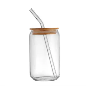 Glass Drinking Bottle Custom Reusable Glass Tea Coffee Cup Soda Beer Can Shaped Glass 16oz Cup Mugs With Bamboo Lid And Straw