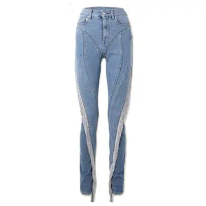 Stretch mid-waist diamond trims jean slim fitting girls pencil pants rhinestone decoration washed denim skinny women's jeans