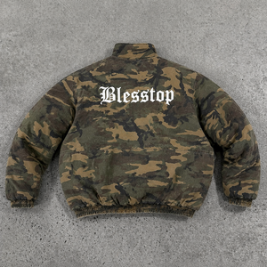 Blouson Bomber <span class=keywords><strong>Camouflage</strong></span> Personnalisé BlessTop pour Homme, Effet Délavé Acide, Style Vintage Usé, Double Fermeture Éclair, Réversible, Veste Streetwear - Product Image 3