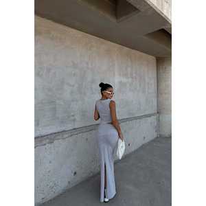 Ensemble de shorts de sport gris basique pour femmes, deux pièces, haut et short, pour l'été, design plissé - Product Image 1