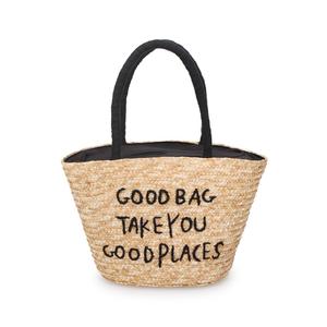 Bolso de paja de trigo tejido a mano con bordado de letras, asas acolchadas negras, cierre de cremallera y forro para mujer, ideal para playa, viajes y uso diario. - Product Image 1