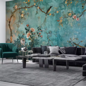 Papier peint mural floral et oiseaux effet vieilli, fond turquoise vieilli avec oiseaux exotiques et fleurs pour la décoration de salle à manger et de salon - Product Image 1