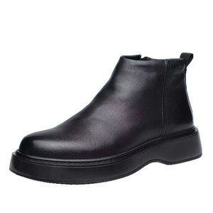 Black Genuine Leather Ankle Chelsea Boots <b>Round</b> Toe Slip-On <b>Cushioned</b> Rubber Outsole All Seasons Solid Color - Product Image 1