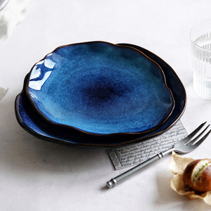 Assiette en céramique de porcelaine bleue vintage japonaise, transformée au four, irrégulière, durable, pour mariage, <span class=keywords><strong>salade</strong></span> et pâtes - Product Image 2