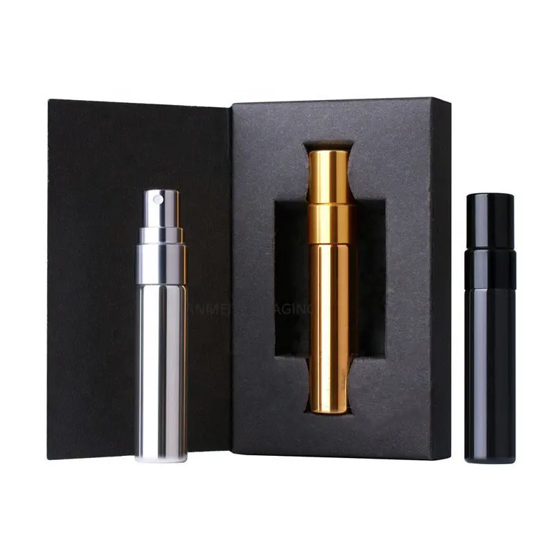 Free Sample Gold Silver Black Glass Spray Bottles Mini Tester Travel 5ml 10ml Perfume Bottle With Box