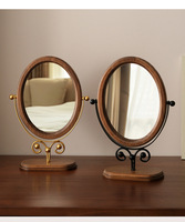 Vintage Solid Wood Foldable Round Standing Magnifying Personalized Makeup Vanity Mirror with Rotatable Desktop Design