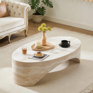 Tavolino <span class=keywords><strong>da</strong></span> Caffè in Fibra di Vetro Wabi Sabi, Design Ovale Organico con Texture Travertino - Product Image 1