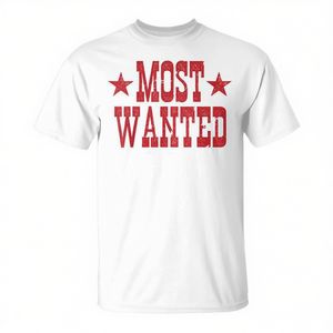 T-shirt Most Wanted avec texte rouge et étoiles, en coton blanc, coupe unisexe - Product Image 1