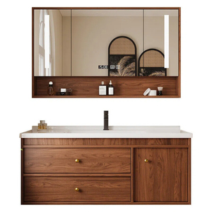 Vintage Mid-century Walnut Wood Bathroom Vanity Floor Standing Design Ceramic Integral Basin Smart LED <b>Mirror</b> - Product Image 6