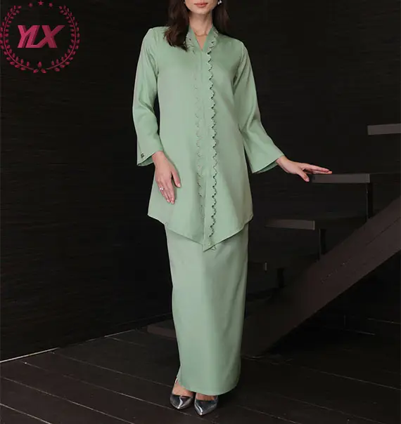 Baju Abaya bordir kecil, Baju Kurung, terlihat Demure kecil, risleting depan tersembunyi, leher V semi-elastis, pinggang