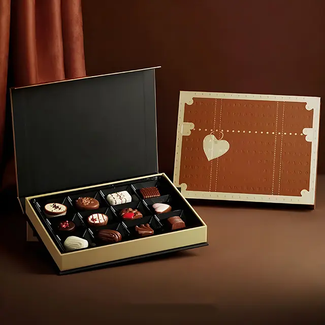 Juegos de cajas de embalaje de chocolates personalizados de lujo para bodas caja de regalo de chocolate tipo libro festivo