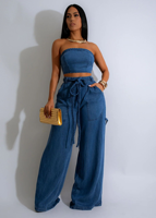 Ensemble 2 pièces en jean pour femme, sexy, avec haut bustier sans bretelles et pantalon large taille haute, extensible, style streetwear Y2K, tenue de club