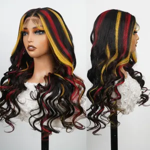 Парик из необработанных волос 13x4 на фронтальной сетке, красные и желтые прозрачные кружевные фронтальные свободные волнистые цветные парики из натуральных волос с детскими волосами