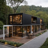 Maison mobile en acier avec aménagement modulaire flexible, grandes portes vitrées et terrasses à plusieurs niveaux