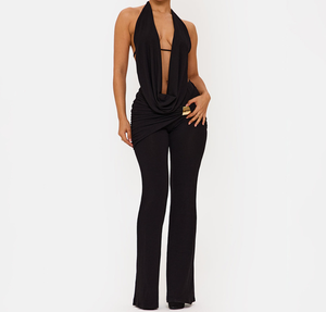 Ensemble décontracté 2 pièces pour <span class=keywords><strong>femme</strong></span> : Haut dos nu à col licou et pantalon évasé - Product Image 1