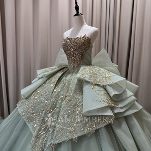 Vestido de Quinceañera de Lujo Mct031 en Verde Salvia, Sin Tirantes, con Corsé de Mariposa, Lazo en la Cintura, Volantes, Estilo Princesa, Jancember - Product Image 4