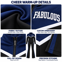 Ensemble d'entraînement de cheerleading anti-choc personnalisé bleu marine et noir, veste à fermeture éclair intégrale et pantalon évasé, imprimé inaltérable pour entraînement d'équipe