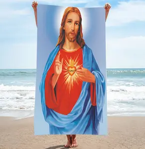 3D Goedkope Prijs Custom Gedrukt Jezus Ontwerp Microfiber Rechthoek Strand Handdoeken