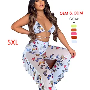 Wholesale Custom 3 Piece Halter Top String Bikini Butterfly Tie Dye Transparent Swimsuit Pants Cover Up and Mesh Swimwear