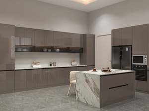 SANTOPOVA Modern L-Shaped Kitchen Cabinet Set with Dark Brown Glass Display and Golden <b>Trim</b> - Product Image 4