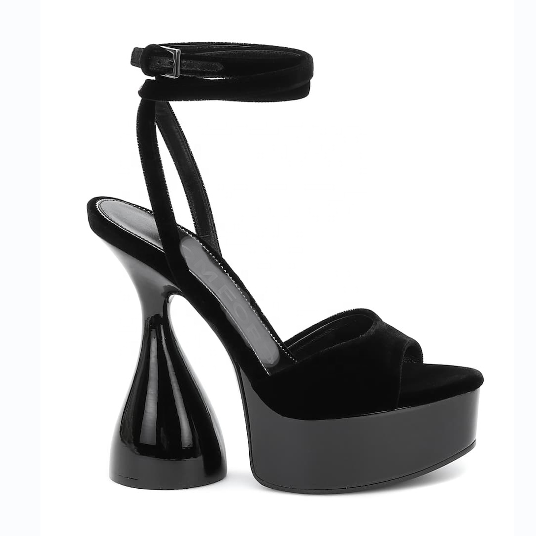 Босоножки женские замшевые на платформе, дизайнерские сандалии с круглым носком, ремешок на щиколотке, каблук в странном стиле, цвет черный