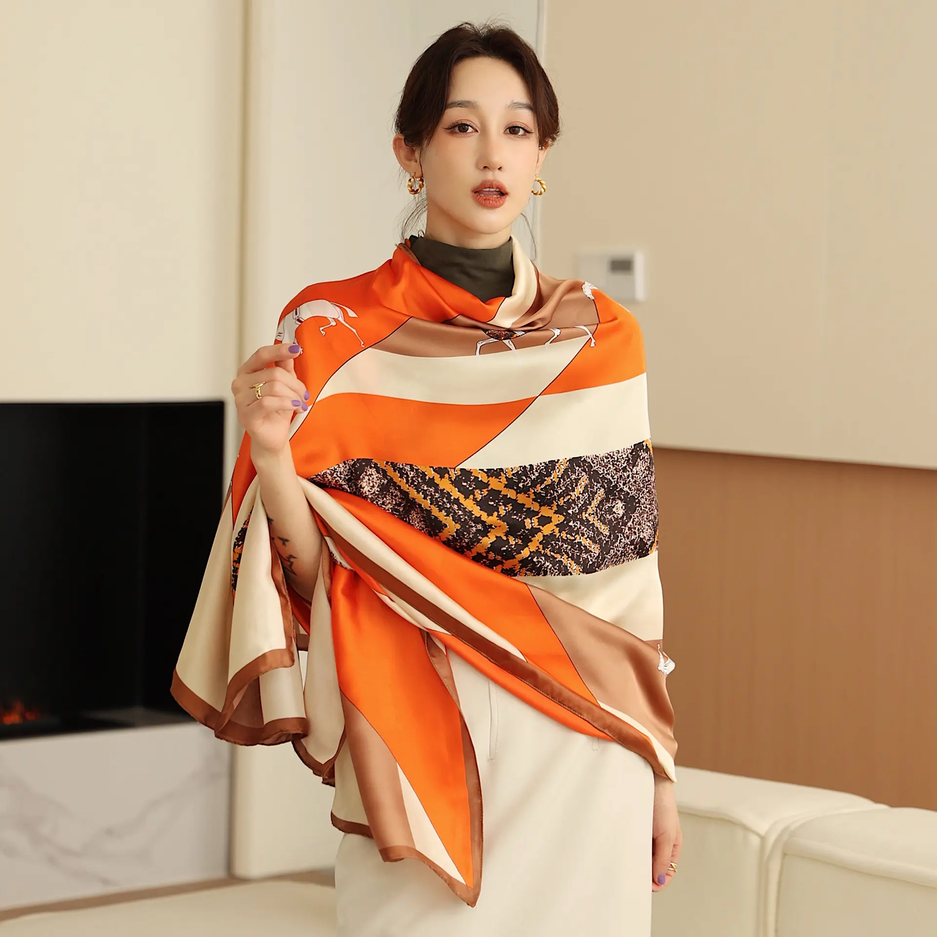 Wholesale Custom Design Scarf For Women Silk Long Hijabs Polyester Scarves 90*180cm Luxury Designer Brand Printed Silk Scarf