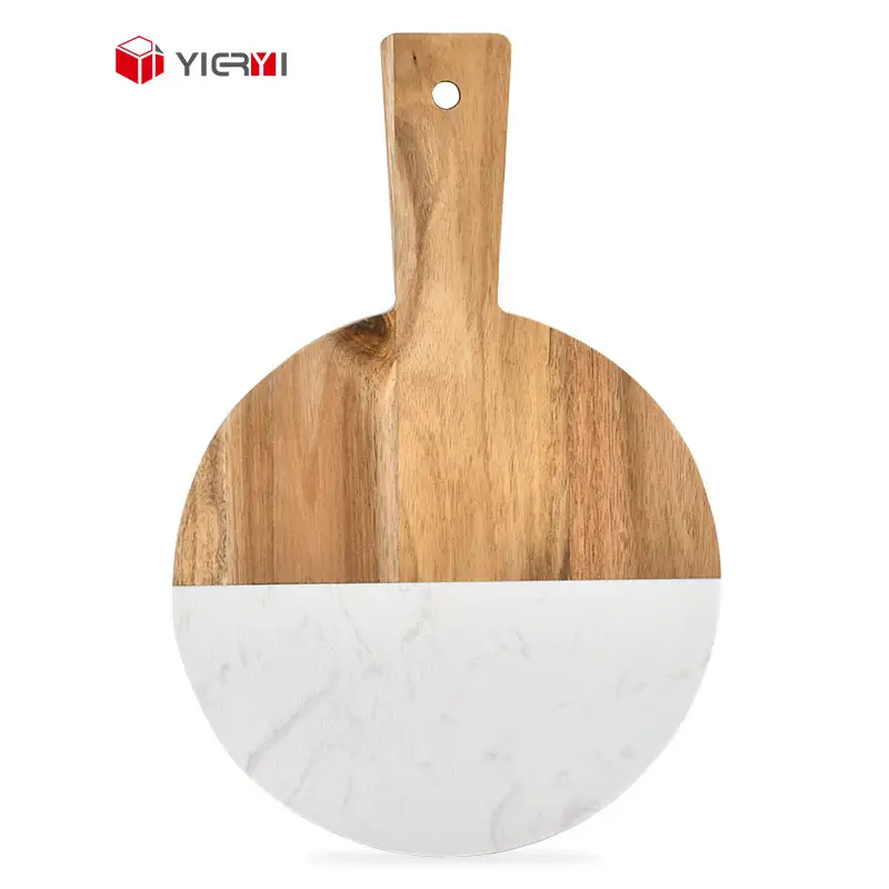 Tabla de madera de Acacia y mármol blanco para queso, tabla de pizarra para queso, tabla de servicio de corte redondo con mango