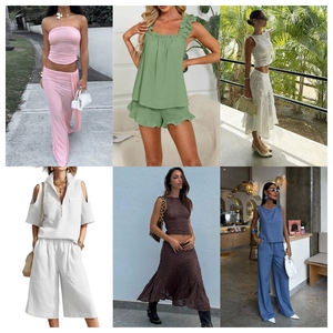 Women's 2 Piece <b>Sets</b> Knitted Shorts <b>Set</b> Sleeveless O-Neck Solid Color Loose Fit Casual Spring Summer Wear With Ruffles - Product Image 4
