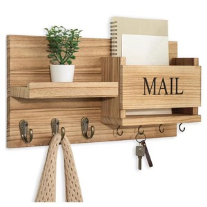 Solid wood wall-mounted key <b>hook</b> storage rack, no-drill <b>shelf</b>, floating document and envelope rack, key rack behind entryway - Product Image 1