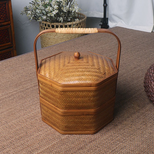 July 7th Handmade <b>Bamboo</b> Woven Basket Round Double Layer Lidded Food <b>Container</b> Traditional Style Tea Storage Box - Product Image 4