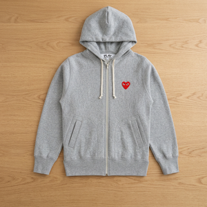 Sudadera con capucha y cremallera para hombre CDG Play, 100% algodón, forro de felpa francesa, bordado, efecto desgastado, tallas S M L XL 2XL, 500 g/m², color gris, hecho en Japón - Product Image 2