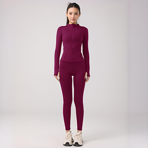 Set Yoga Wanita dengan Celana Ketat Bernapas Warna Solid & Jaket Slim Fit Logo Dapat Disesuaikan Promosi - Product Image 4