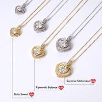 Colliers pendentifs double cœur plaqués or véritable 14 carats, GRA VVS 1/2/3 carats, charme en diamant moissanite, cadeaux pour femmes, chaîne en argent S925
