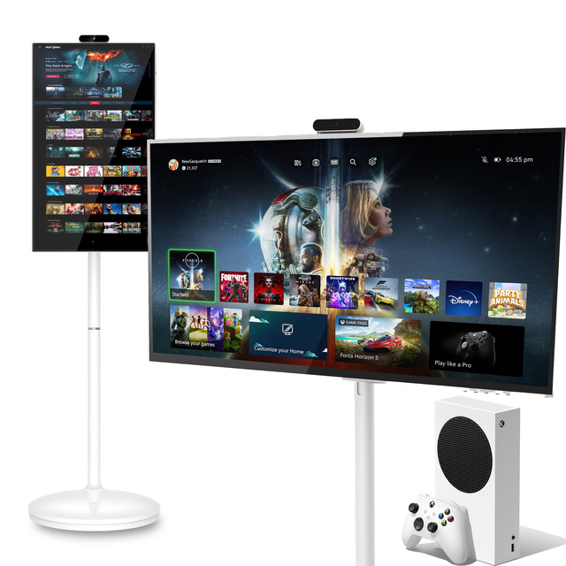 Portable 27 Inch HD LED TV for Bedroom Modern White Design with Rotating Camera Voice Control & Child Lock for Home Use