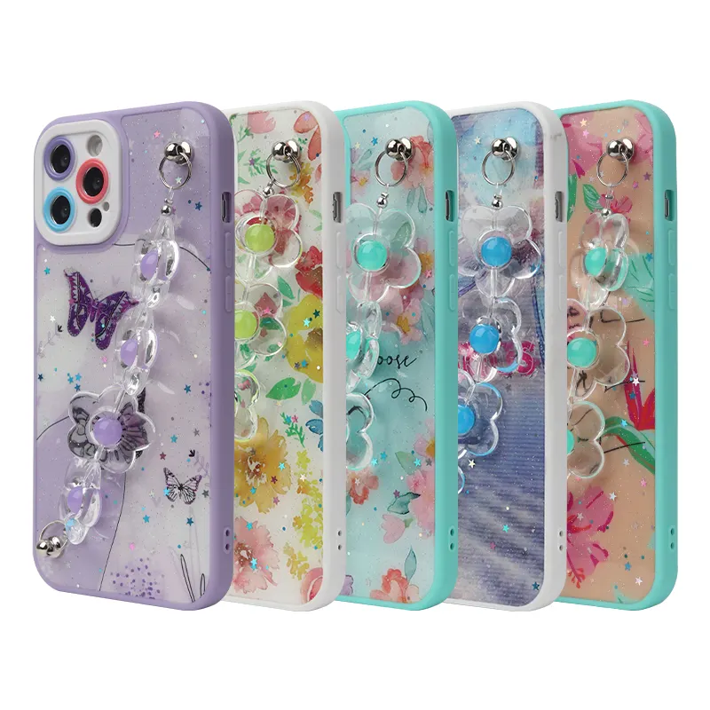 Glitter fundas para celulares iPhone için kılıf 14 13 12 11 pro max çiçek şekilli bilezik TPU + PC telefon kılıfı koruyucu kapak