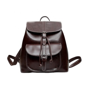 Oil Wax Cowhide Pocket <b>Backpack</b> with Closure Cover Korean Style Leather Large Bag - Product Image 1